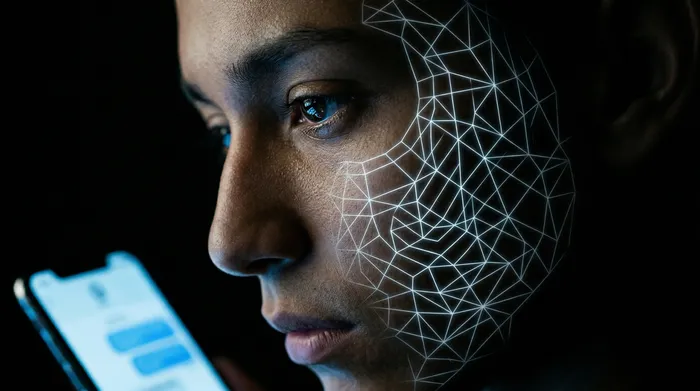 Une main tenant un smartphone affichant une icône de cadenas sur une interface de messagerie, entourée d'un réseau de connexions numériques lumineuses sur un fond noir, ce qui illustre la sécurité des données mobiles.