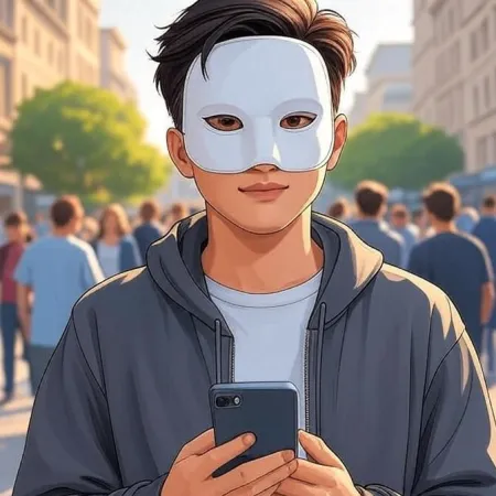 Un jeune homme de style animé portant un masque blanc et une veste à capuche grise, regarde la caméra tout en tenant un smartphone dans une rue bondée.