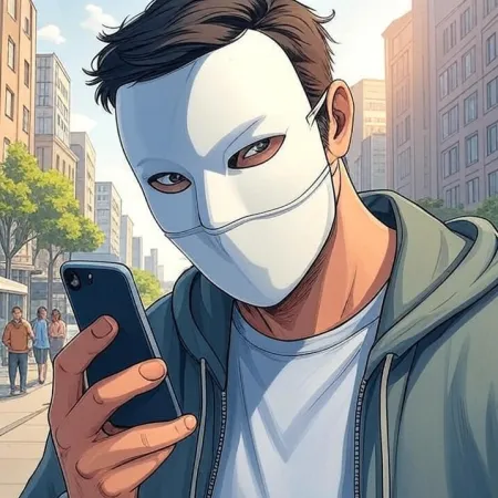 Un homme portant un masque blanc et un sweat à capuche regarde son téléphone portable dans une rue de la ville. L'image est réalisée dans un style de dessin animé ou de bande dessinée.