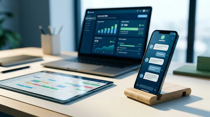 تصويرة مقسومة على زوج تبين سمارتفون: على الجهة تاع ليسار، واجهة ميساجات مع خيار برمجة الإرسال، وعلى الجهة تاع ليمن، إشعار تذكير فوق بيرو تاع خشب.