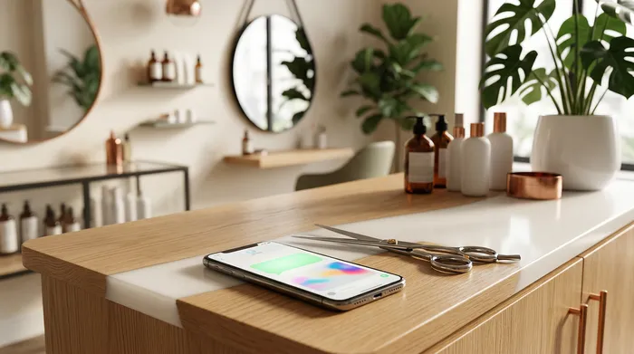 سمارتفون يبين تطبيق تاع ميساجات، محطوط فوق طابلة تاع رخام، بجنبو ورقة فيها قايمة مهام مكتوبة باليد وقلم رصاص.