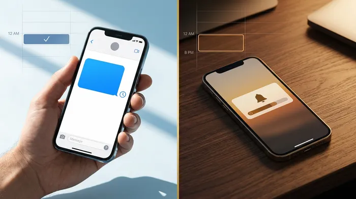 سمارتفون يبين تطبيق تاع ميساجات، محطوط فوق كونتوار تاع صالون حلاقة بالخشب الفاتح، مع مقصات تاع محترفين ومستحضرات تجميل في الخلفية.