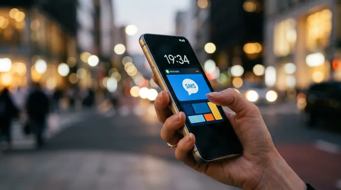 شخص شاد سمارتفون يبين تطبيق تاع ميساجات، قاعد في بيرو مع بورتابل، كايي وفنجان قهوة.