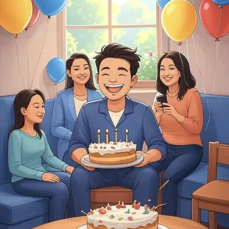 Homme souriant tenant un gâteau avec cinq bougies, entouré de proches dans un salon décoré de ballons colorés.
