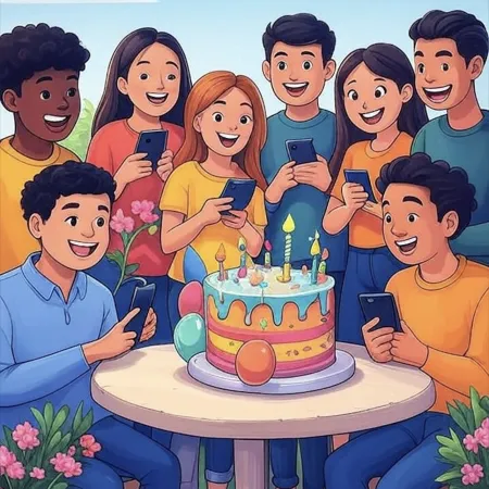 Groupe de jeunes souriants entourant un gâteau d’anniversaire coloré avec bougies, ballons et décorations, tout en tenant leurs téléphones.