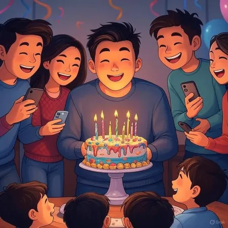 Illustration d’un anniversaire où un homme souriant tient un gâteau décoré avec des bougies allumées, entouré d’amis et de proches prenant des photos avec leurs téléphones.