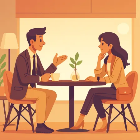 Illustration de deux personnes discutant face à face dans un café, un homme en costume et une femme en tenue décontractée chic, assis à une table avec une petite plante au centre.